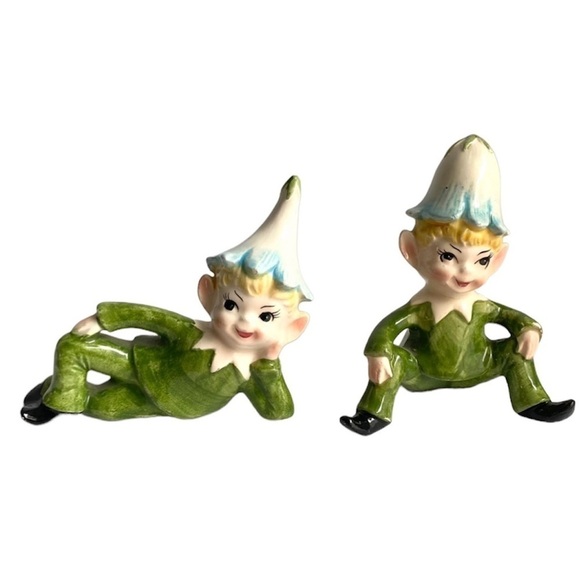 Vintage Norcrest Elves Pixie Elf Figurine Flower Hat Retro Spring Holiday Pair - Picture 1 of 14